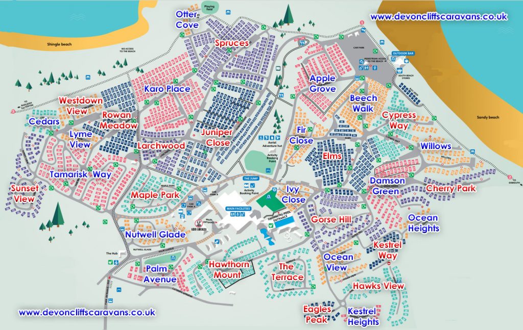 Devon Cliffs holiday park map showing pitch locations